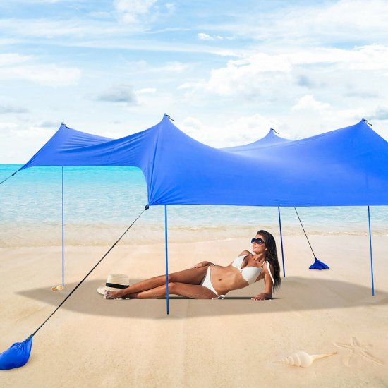 Costway Family Beach Tent Canopy w/ 4 Poles Sandbag Anchors 7\'x7\' UPF50+ Blue