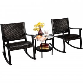 Costway 3PCS Patio Rattan Rocking Chair Bistro Set Coffee Table Storage Shelf