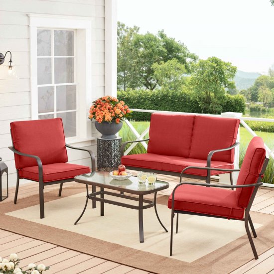 Mainstays Stanton 4-Piece Steel Outdoor Patio Conversation Set, Red