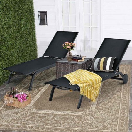 Costway 2PCS Outdoor Patio Lounge Chair Chaise Recliner Aluminum Fabric Adjustable Black