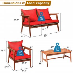 Costway 4PCS Patio Rattan 4-6 People Furniture Set Acacia Wood Frame Cushioned Sofa Chair Red 360 lbs