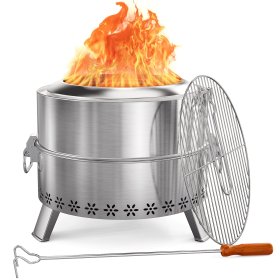 19" Smokeless Fire Pit for Outside, Stainless Steel Wood Burning Fire Pit with Foldable Legs, Grill, Poker, Carry Bag