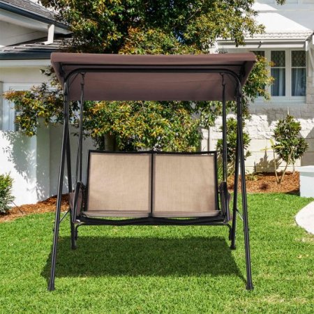 Costway 2 Seat Patio Porch Swing with Adjustable Canopy Storage Pockets Brown