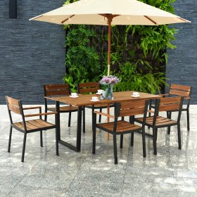 Costway 7PCS Patio Dining Chair Table Set Acacia Wood Backyard W/Umbrella Hole