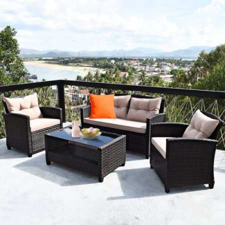 Costway 4PCS Outdoor Rattan Furniture Set Cushioned Sofa Armrest Table