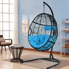 Hammock Chair with Stand Hanging Cushioned Swing Egg Chair for Indoor Blue