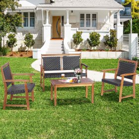 Costway 4 PCS Patio Rattan Furniture Set Acacia Wood Frame Sofa Loveseat Garden