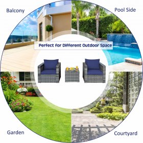Costway 3 PC Patio Rattan Furniture Bistro Set Cushioned Sofa Chair Table Navy