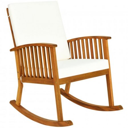 Costway Acacia Wood Rocking Chair Patio Garden Lawn W/ Cushion, Teak, Brown