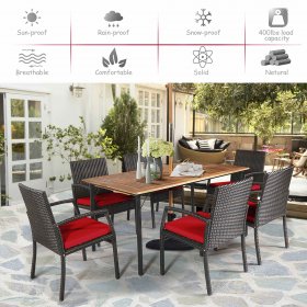 Costway 7PCS Patio Rattan Dining Chair Table Set W/ Cushion Umbrella Hole Red