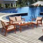 Costway 8PCS Patio Rattan Furniture Set Acacia Wood Frame Cushioned Sofa Chair Garden