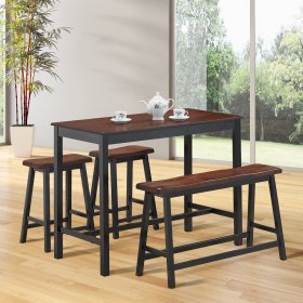 Costway 4 Pcs Solid Wood Counter Height Table Set w/ Height Bench & Two Saddle Stools