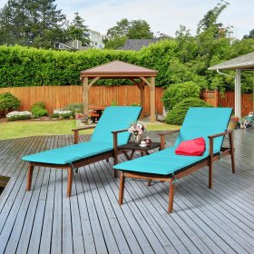 Costway 3PCS Patio Rattan Lounge Chair Folding Table Set Chaise Wood Cushioned Turquoise, Blue