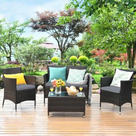 Costway 4 PCS Outdoor Patio Rattan Furniture Set Table Shelf Sofa W/ Gray Cushions