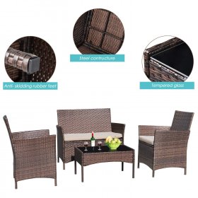 Lacoo 4 Pieces Outdoor Patio Furniture Black PE Rattan Wicker Table and Chairs Set Bar Balcony Backyard Garden Porch Sets with Cushioned Tempered Glass, Beige Cushion