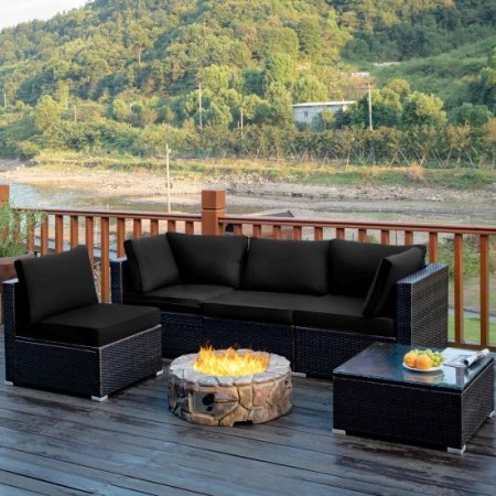 Costway 5PCS Patio Rattan Furniture Set Cushioned Sofa Chair Coffee Table Black