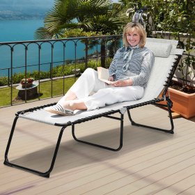 Costway Folding Beach Lounge Chair Heightening Design Patio Lounger w/ Pillow-Gray