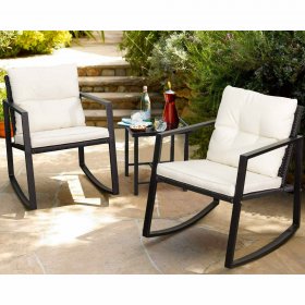 Lacoo 3 Pieces Patio Furniture Set Rocking Wicker Bistro Sets Modern Outdoor Rocking Chair Furniture Set Cushioned PE Rattan Chairs Conversation Set with Glass Coffee Table, Black