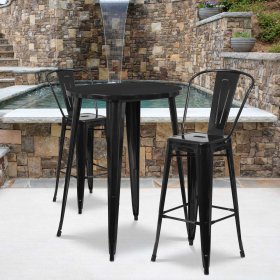 Flash Furniture Commercial Grade 30" Round Black Metal Indoor-Outdoor Bar Table Set with 2 Cafe Stools