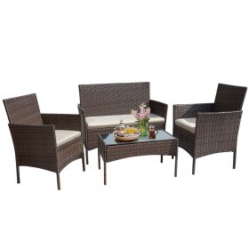 Lacoo 4 Pieces Patio Conversation Set Outdoor Furniture PE Rattan Wicker Chairs Set and Table, Brown