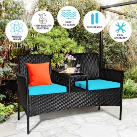 Costway Patio Rattan Conversation Set Seat Sofa Cushioned Loveseat Chairs Turquoise