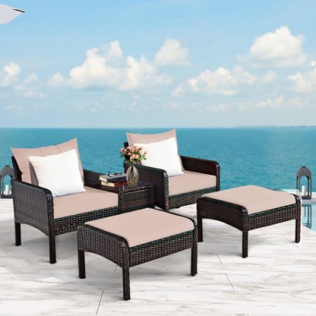 Costway 5 PCS Rattan Wicker Furniture Set Sofa Ottoman W/Brown Cushion Patio Garden Yard