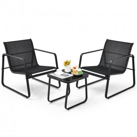 Costway 3PCS Patio Bistro Furniture Set Glass Top Table Garden Deck Black