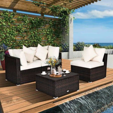 Costway 4PCS Patio Rattan Wicker Sofa Furniture Set Cushioned Conversation Ottoman Set