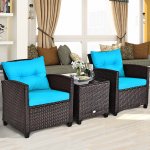 Costway 3PCS Patio Rattan Furniture Set Cushioned Conversation Set Sofa Turquoise