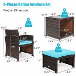 Costway 5PCS Patio Rattan Wicker Furniture Set Sofa Ottoman Cushion Turquoise