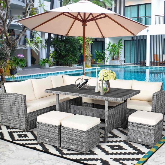 Costway 7 PCS Patio Rattan Dining Set Sectional Sofa Couch Ottoman Garden White