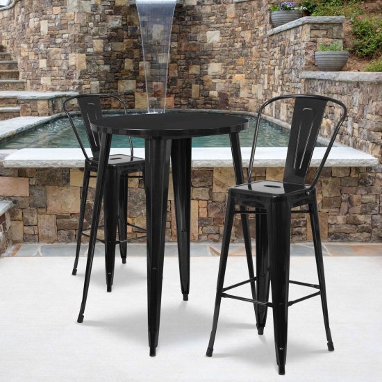 Flash Furniture Commercial Grade 30\" Round Black Metal Indoor-Outdoor Bar Table Set with 2 Cafe Stools