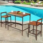 Costway 3 PCS Patio Rattan Wicker Bar wood Table Chair Outdoor