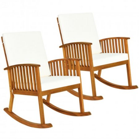 Costway 2PCS Acacia Wood Rocking Chair Garden Lawn W/ Cushion