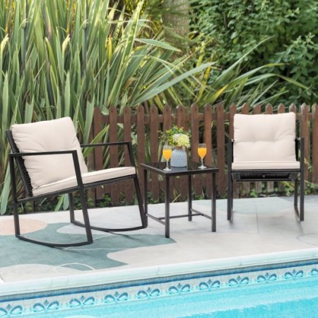 Lacoo 3 Pieces Patio Furniture Set Rocking Wicker Bistro Sets Modern Outdoor Cushioned Chair ,White