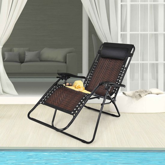 Costway Patio Rattan Zero Gravity Lounge Chair Chaise Folding Recliner W/Headrest Brown