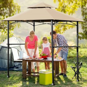 Costway 8' x 5' Outdoor Patio Barbecue Grill Gazebo w/ LED Lights 2-Tier Canopy Top Tan