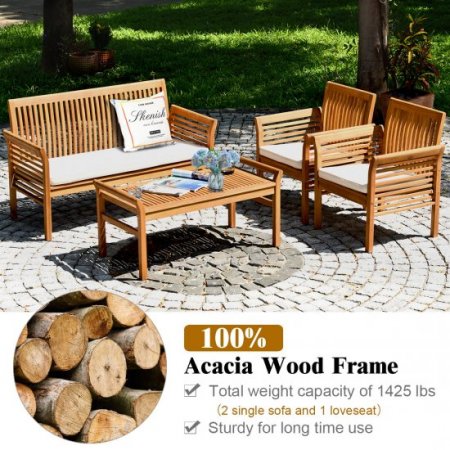 Costway 4 PCS Outdoor Acacia Wood Sofa Furniture Set Cushioned Chair Coffee Table Garden