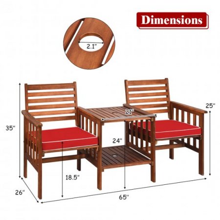 Costway Patio Loveseat Conversation Set Acacia Wood Chair Coffee Table Cushioned Red