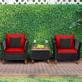 Costway 3PCS Outdoor Patio Rattan Furniture Set Wooden Table Top Cushioned Sofa Red