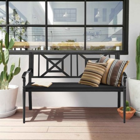 Costway Patio Garden Bench Steel Frame Park Yard Outdoor Furniture Porch Chair Black