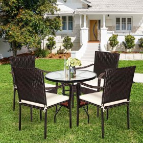 Costway Set of 4 Patio Rattan Dining Chair Stackable Cushioned Armrest Garden