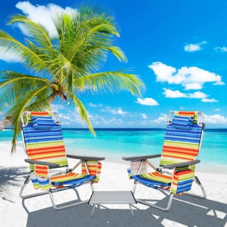 Costway 2-Pack Folding Backpack Beach Chair Table Set 5-Position Outdoor Reclining Chair Yellow