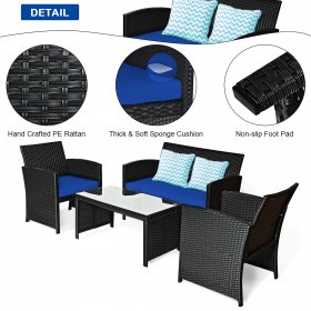 Costway 4PCS Patio Rattan Furniture Conversation Set Cushion Sofa Table Garden Navy