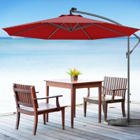 Costway 10' Hanging Offset Solar LED Patio Umbrella W/Base, Multiple Colors