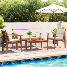 Devoko 4 Pieces Acacia Patio Conversation Set Outdoor Furniture Set with Cushions and Side Table for Porch, Yard and Balcony, Beige