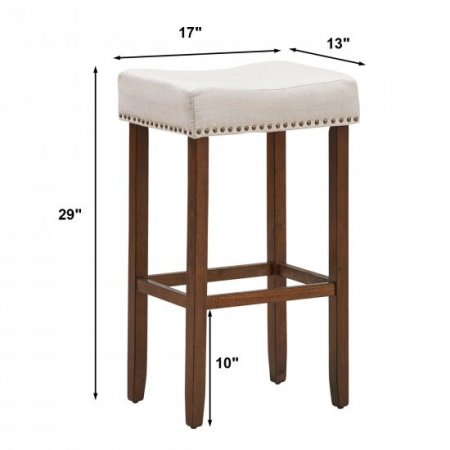 Costway Set of 2 Nailhead Saddle Bar linen Stools 29.5 Height W/ Fabric Seat & Wood Legs Gray Beige