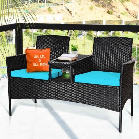 Costway Patio Rattan Conversation Set Seat Sofa Cushioned Loveseat Chairs Turquoise