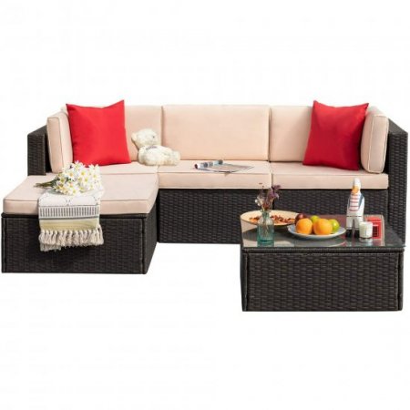 Devoko 5 Pieces Patio Sectional Set Outdoor Wicker Rattan Conversation Sofa with Cushion and Glass Table, Beige