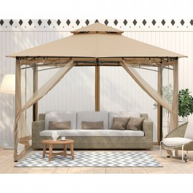 ABCCANOPY 11x11 Patio Gazebos for Patios Double Roof Soft Canopy Garden Gazebo with Mosquito Netting for Shade and Rain, Khaki